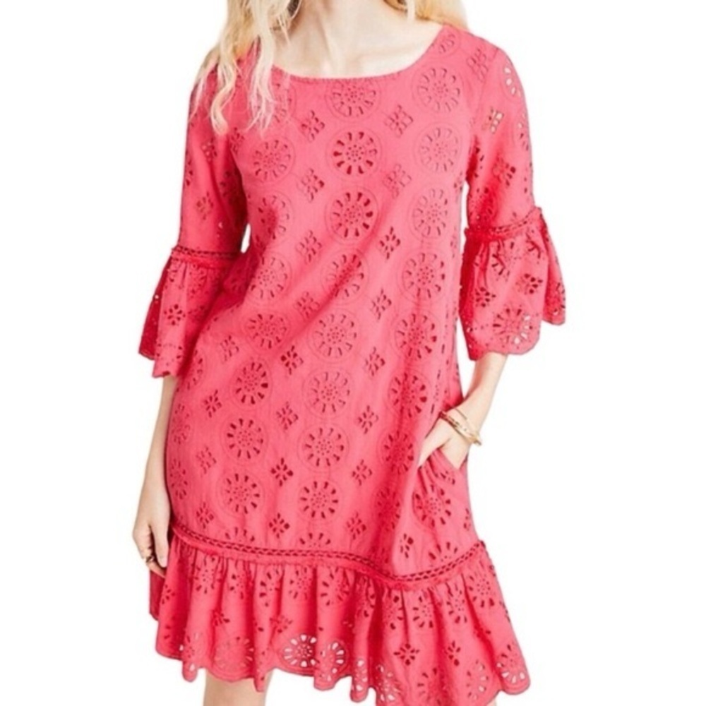 Anthropologie Dani Ruffle Coral Eyelet Dress Size 4